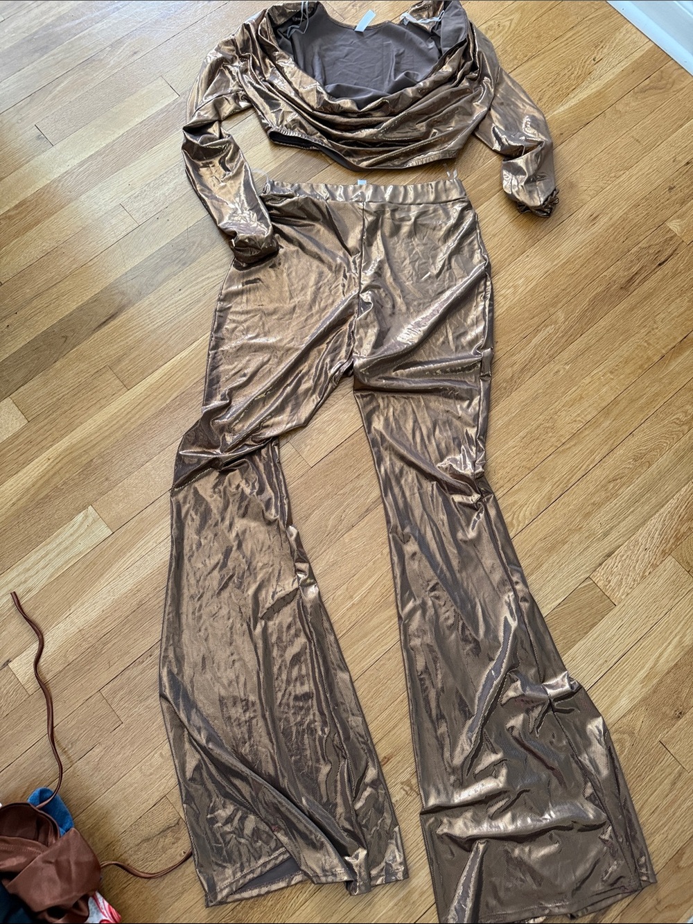 Women’s Metallic Brown Flared Pants - Shiny Lounge Jumpsuit Set